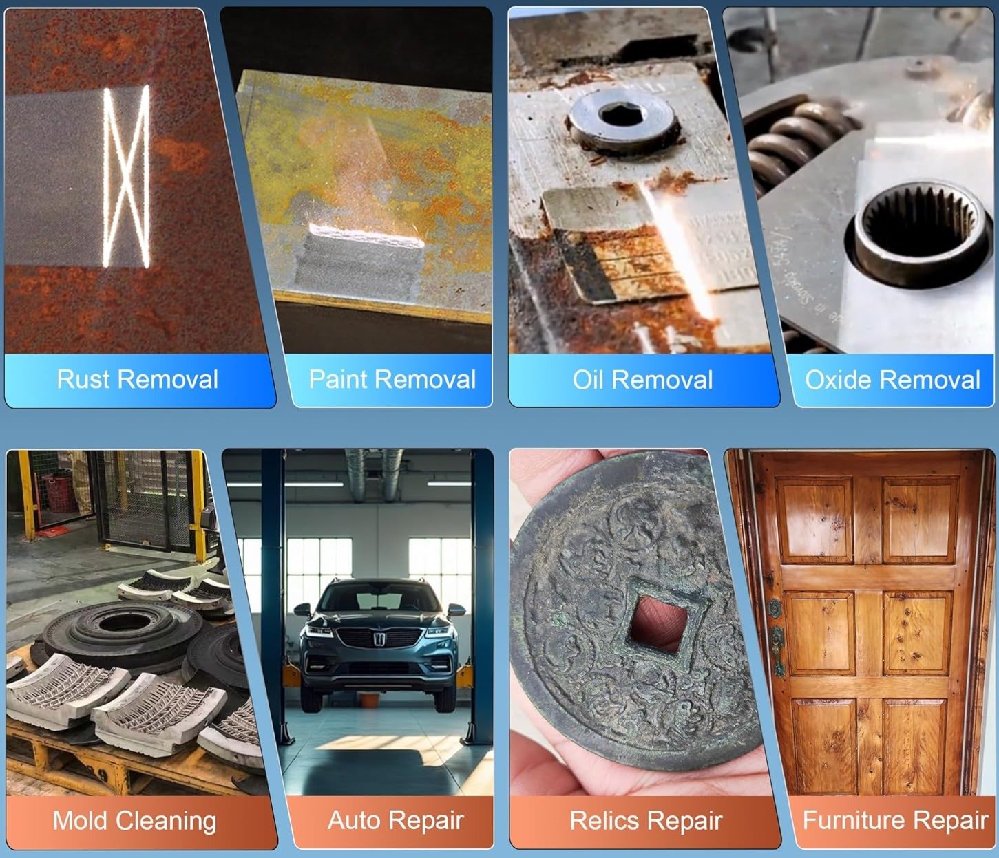 Laser cleaning applications — rust, paint, oil, oxide, mold, furniture and relics restoration